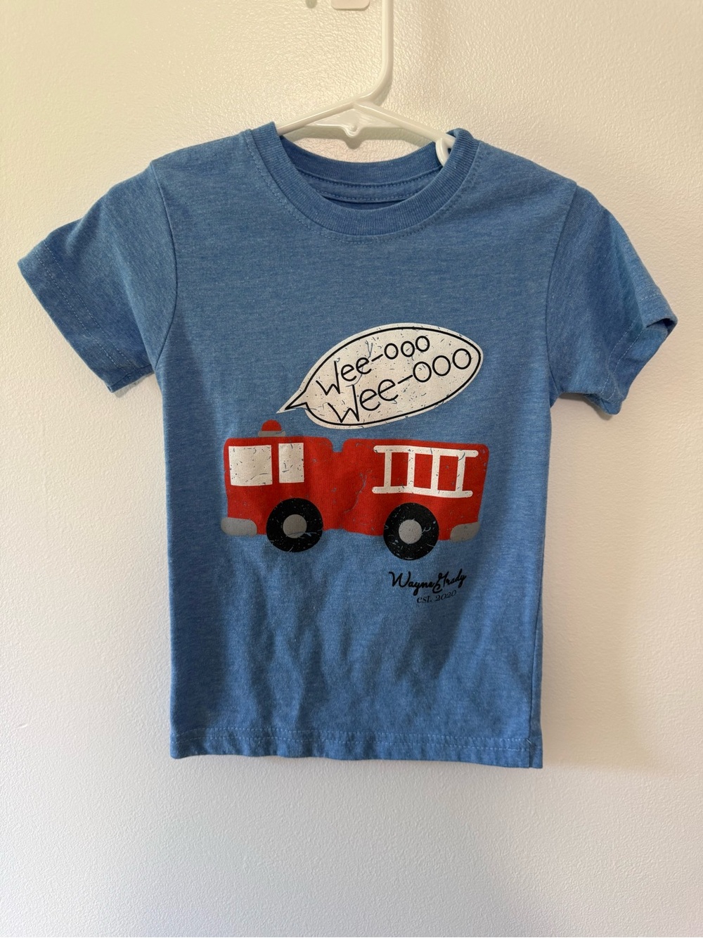 Blue Kids Short Sleeve Tee with Red Fire Truck Graphic by Wayne Grady